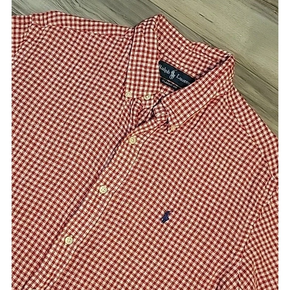 Ralph Lauren Classic Fit Linen Short Sleeve Gingham Button Down Shirt Mens Large